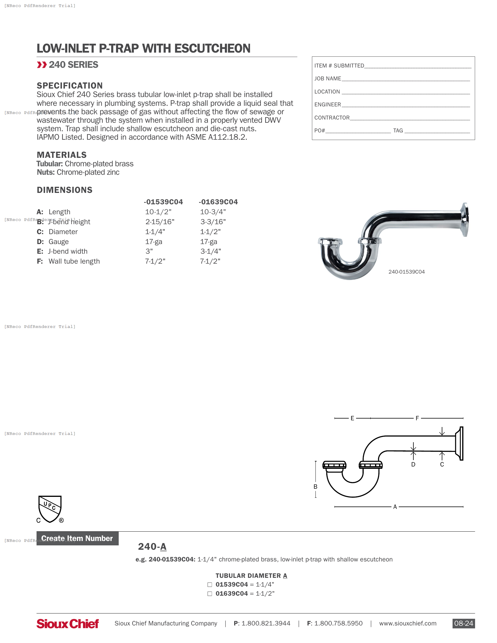 240 SERIES - METAL LOW-INLET P-TRAP - SPEC SHEET.PDF Specification Document